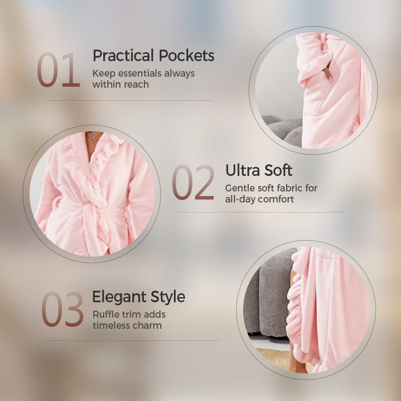 Fleece Ruffle Trim Belted Long Sleeve Dressing Gown