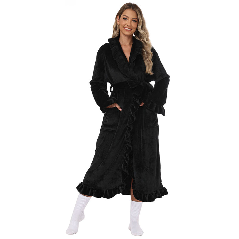 Fleece Ruffle Trim Belted Long Sleeve Dressing Gown