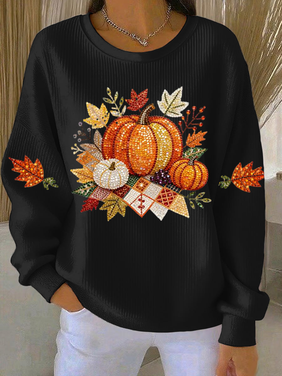 Pumpkin Graphic Ribbed Crew Neck Sweatshirt