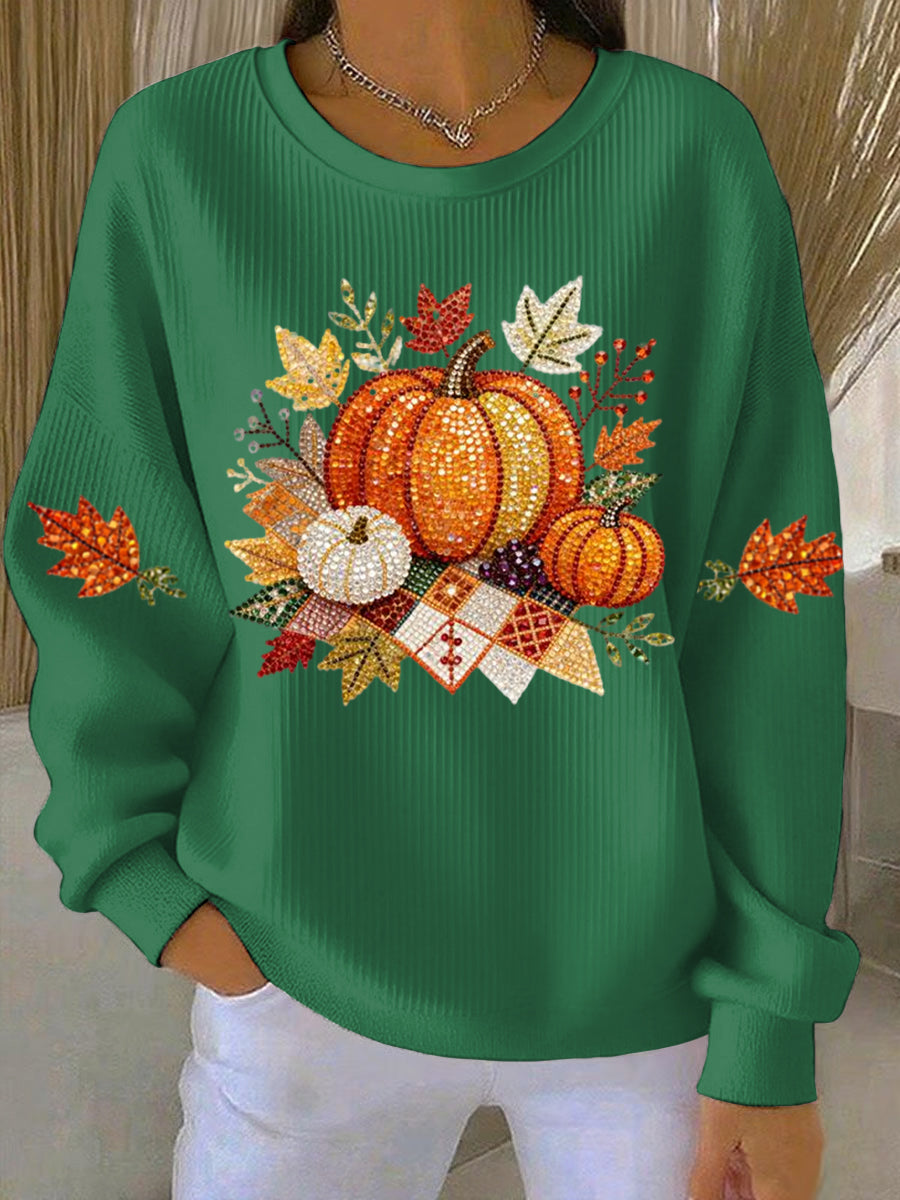 Pumpkin Graphic Ribbed Crew Neck Sweatshirt