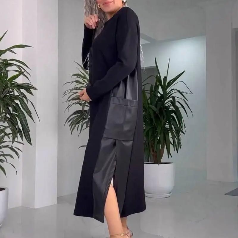 Long Sleeve Faux Leather Patchwork High Split Maxi Dress 5