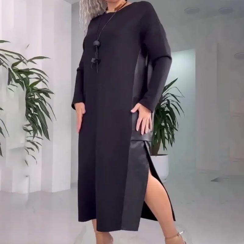 Long Sleeve Faux Leather Patchwork High Split Maxi Dress 7