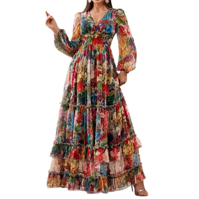 Floral Long Sleeve Tiered Chiffon Maxi Dress 5