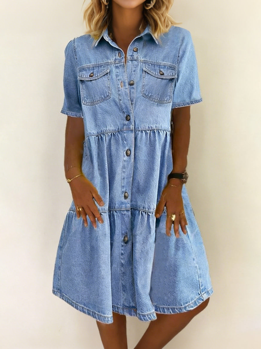 Short Sleeve Tiered Button Front Denim Shirt Dress