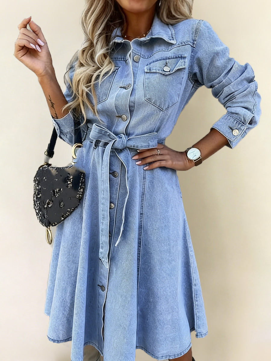 Button Front Belted Long Sleeve Denim Shirt Dress