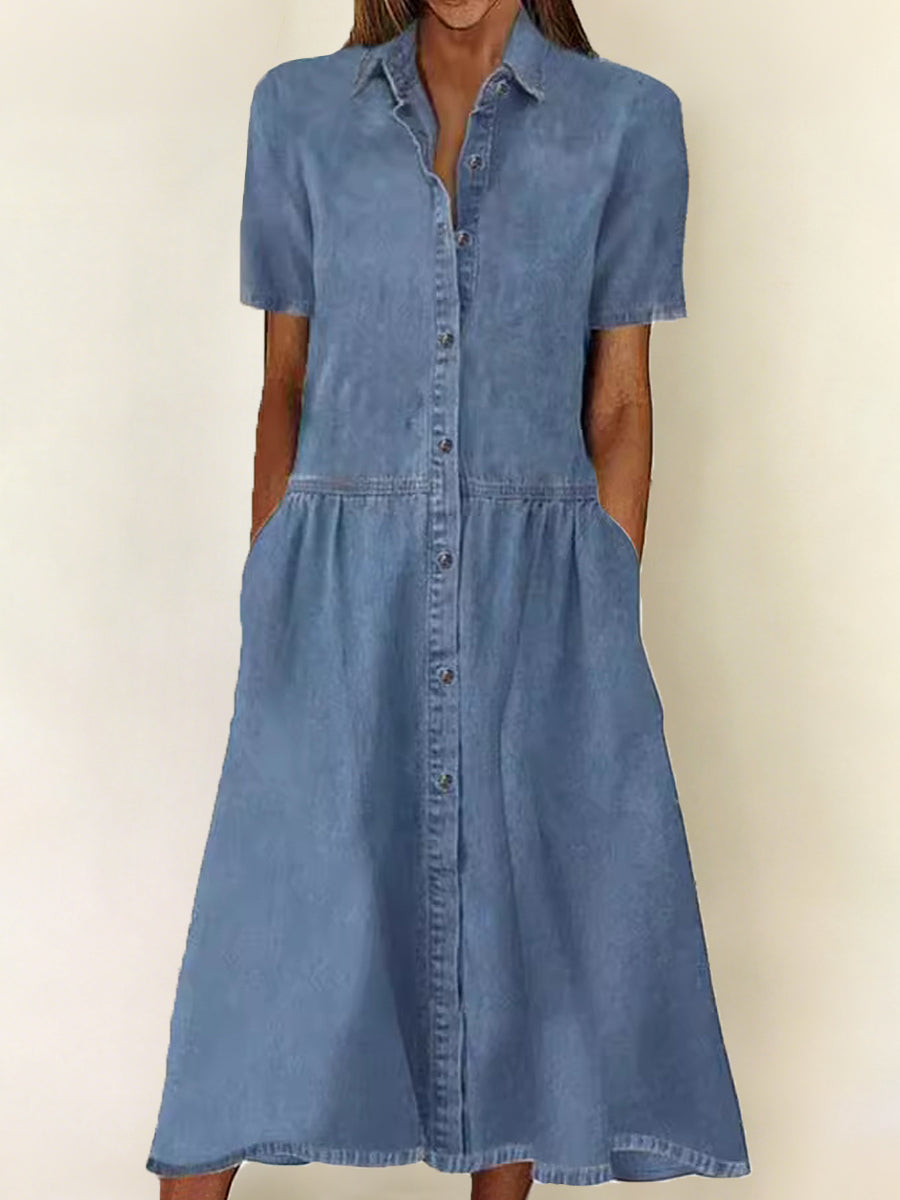 Denim Look Button Front Short Sleeve Collared Midi Shirt Dress