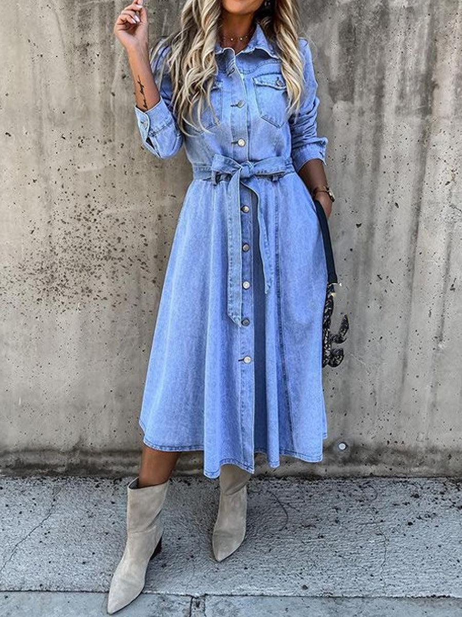 Button Front Belted Long Sleeve Denim Shirt Dress