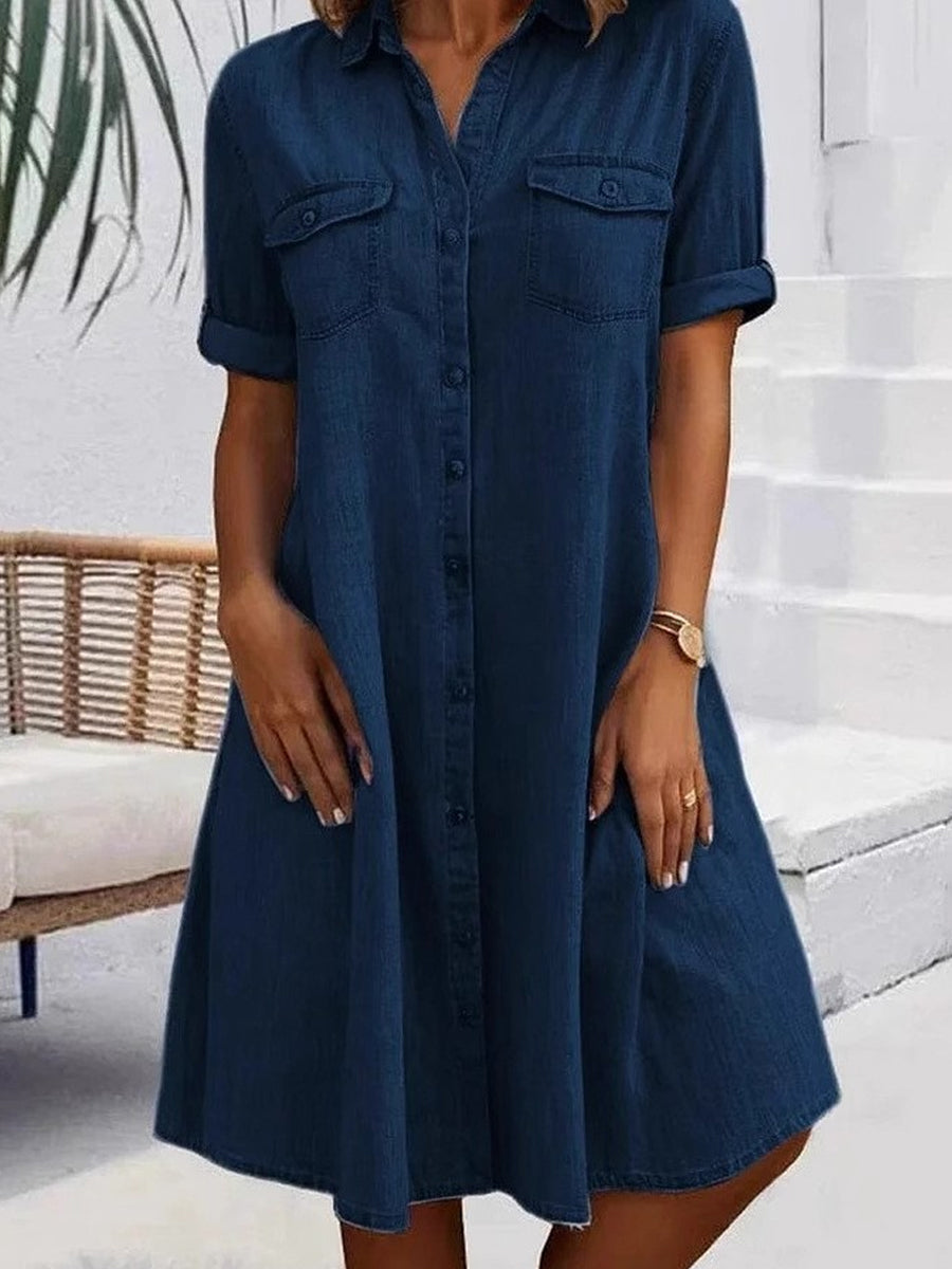 Button Front Short Sleeve Denim Shirt Dress