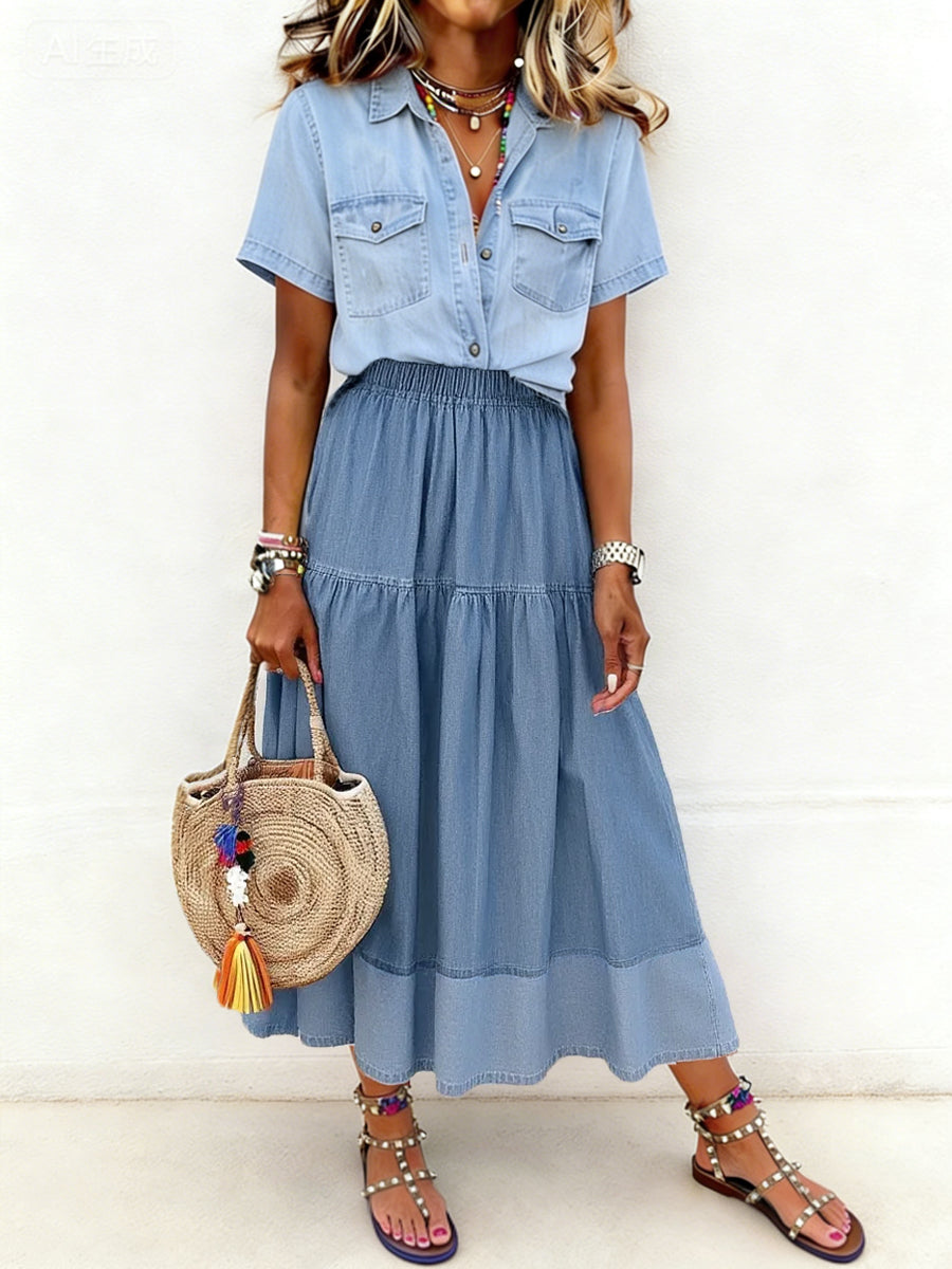 Short Sleeve Denim Shirt and Tiered Midi Skirt Two Piece Set