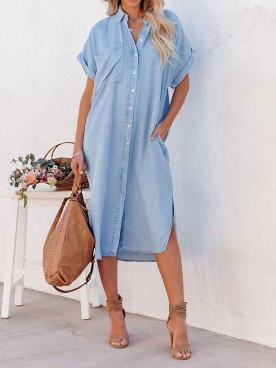 Oversized Button Front Short Sleeve Denim Shirt Dress