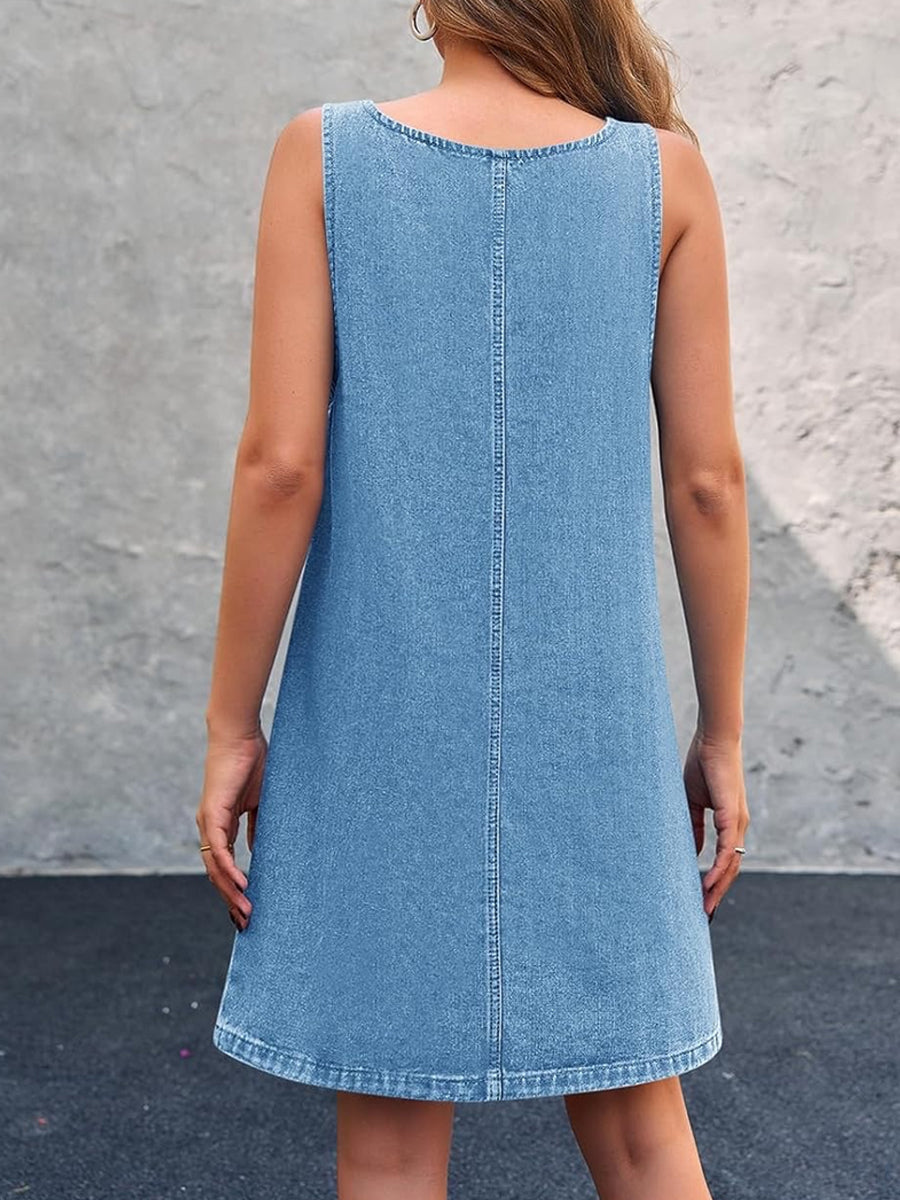 Square Neck Lace Trim Pocket Denim Pinafore Dress