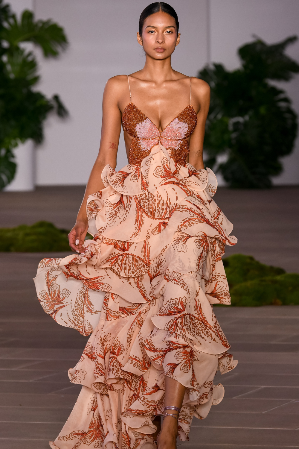 Butterfly Print Spaghetti Strap Tiered Ruffle Maxi Gown 3