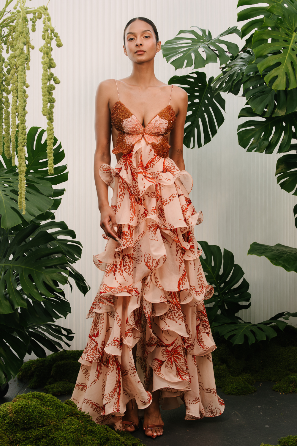Butterfly Print Spaghetti Strap Tiered Ruffle Maxi Gown 4