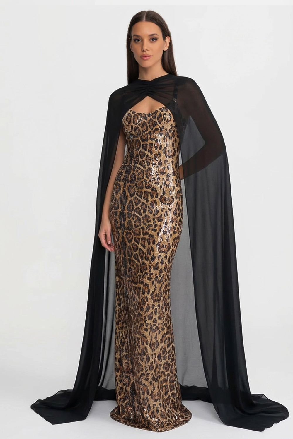 Leopard Print Sequin Sheer Cape Overlay Mermaid Maxi Gown