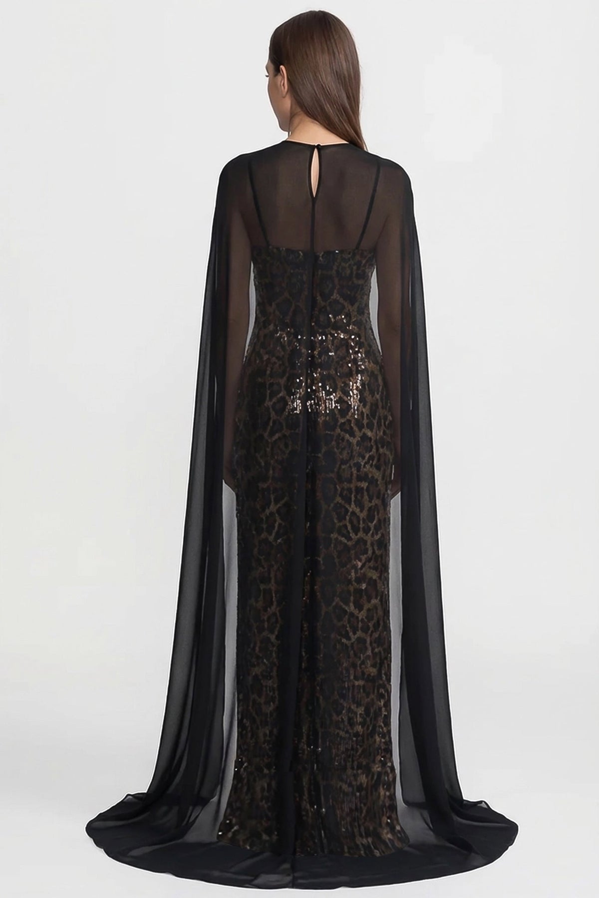 Leopard Print Sequin Sheer Cape Overlay Mermaid Maxi Gown 4