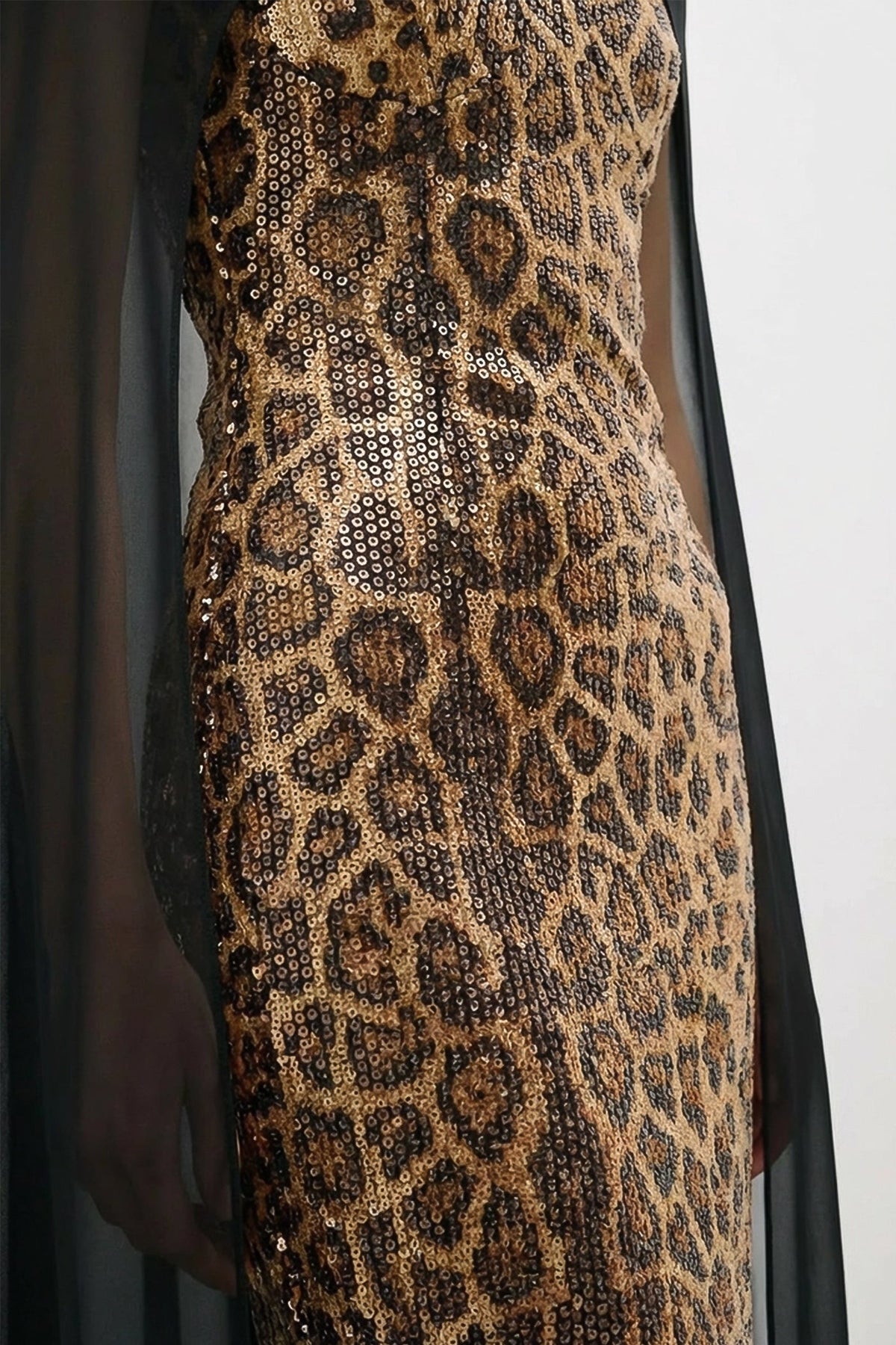 Leopard Print Sequin Sheer Cape Overlay Mermaid Maxi Gown 3