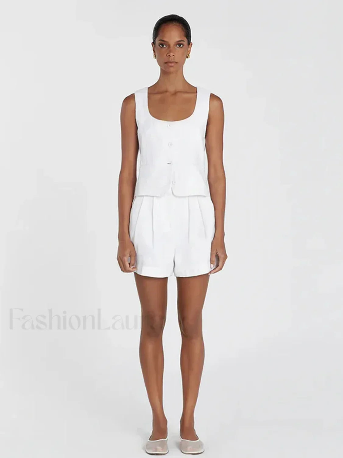 Square Collar Pajama Shorts Two Piece Set WHITE / S