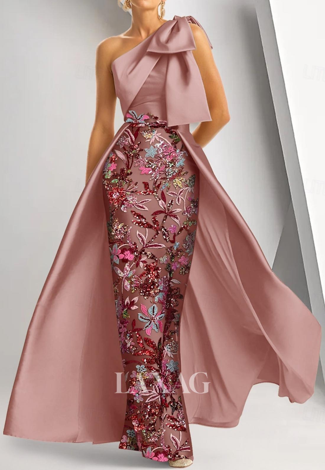 Sleeveless Asymmetrical-Neck Mermaid Evening Dress Sequined Embroidered Floor-Length Formal Gowns