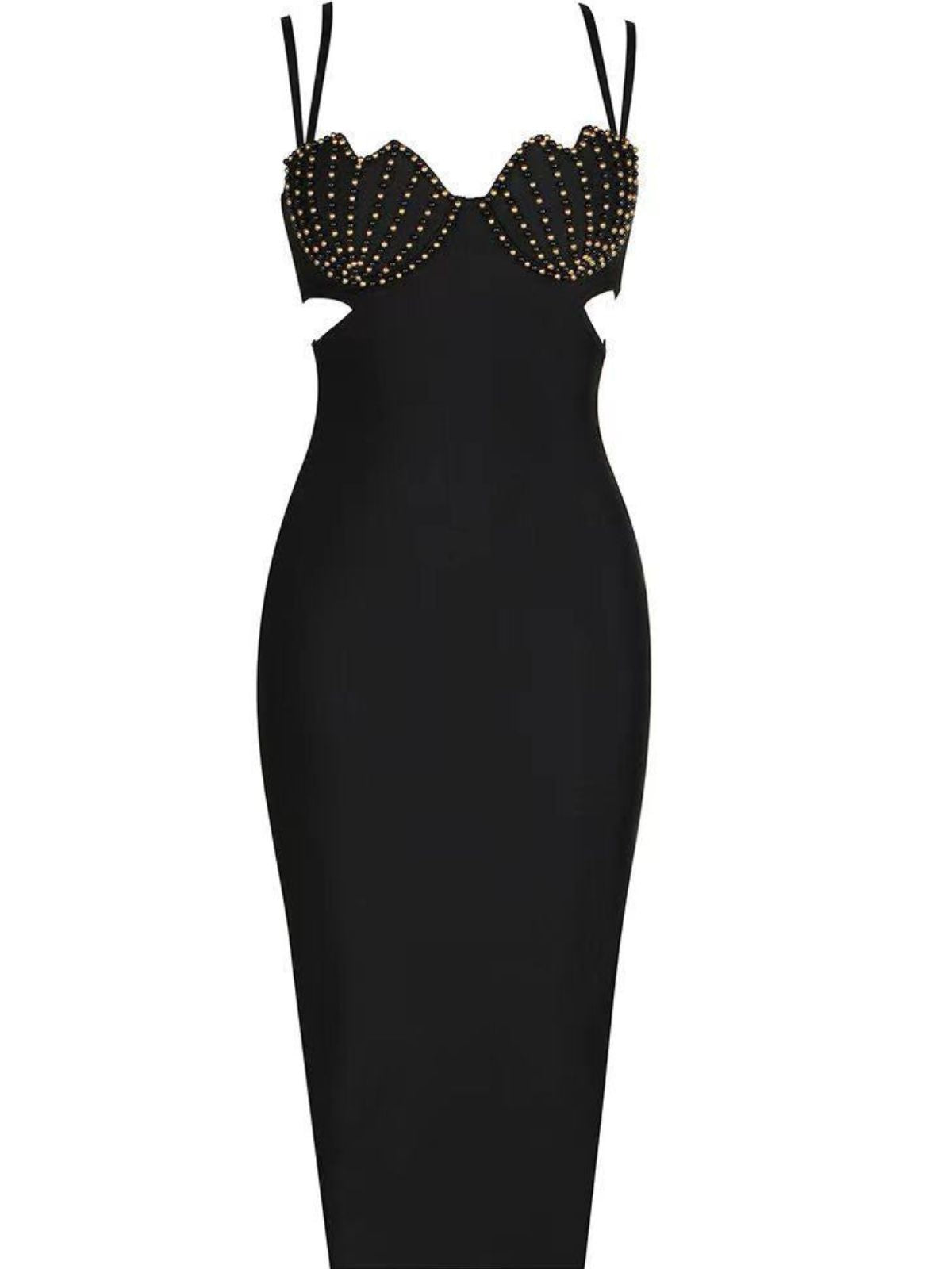 Spaghetti Strap Pearl Embellished Cut Out Bandage Midi Dress