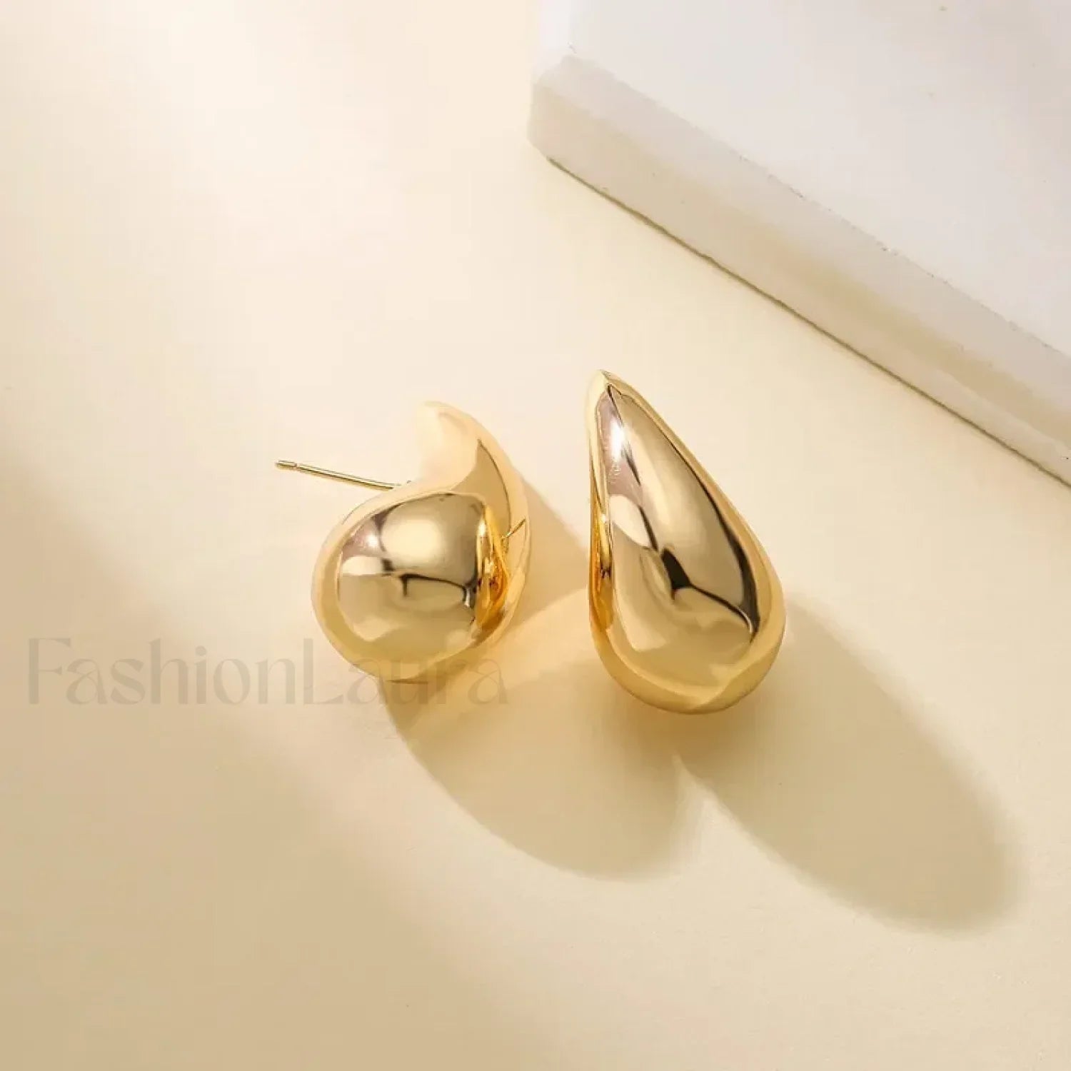Stainless Steel Gold Plated Tear Drop Earrings Lightweight Smooth Metal Waterdrop Hoop Earring