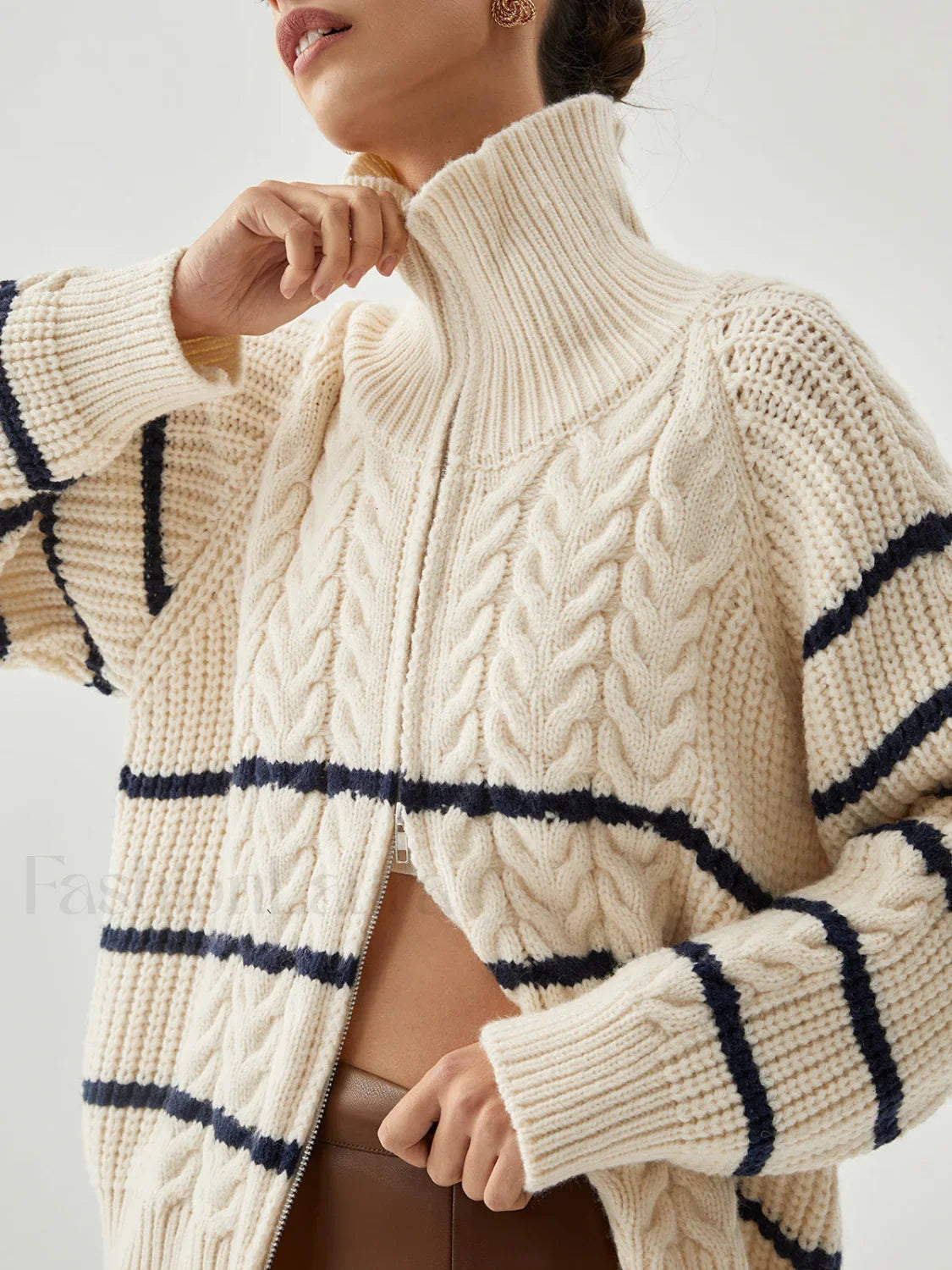 Stand Collar Cable Trendy Knit Stripe Cardigan