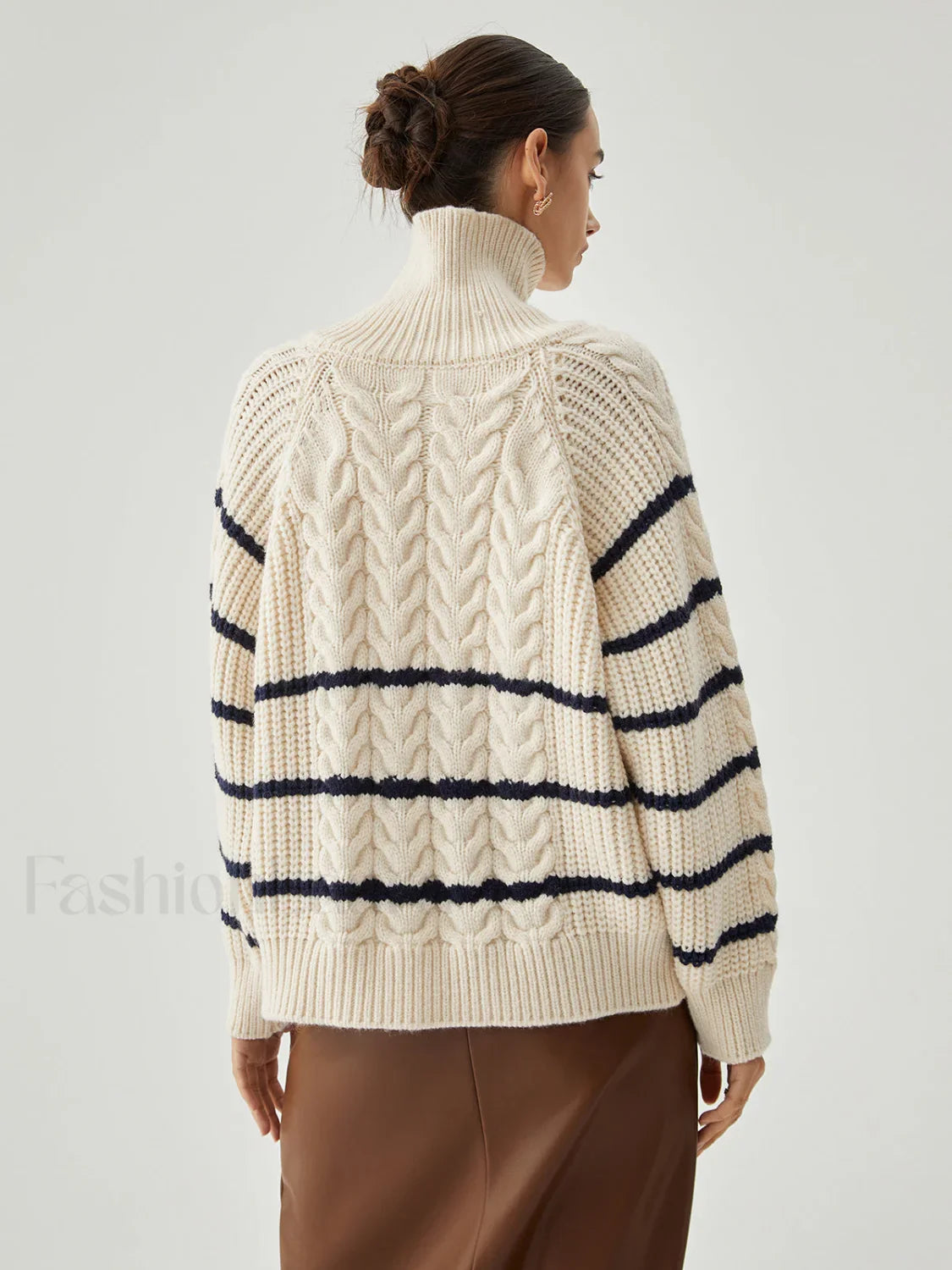 Stand Collar Cable Trendy Knit Stripe Cardigan