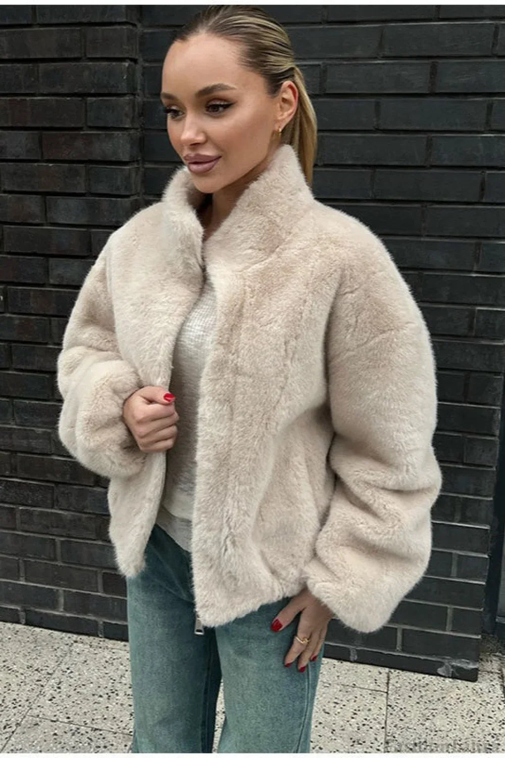 Stand Collar Faux Fur Cropped Jacket