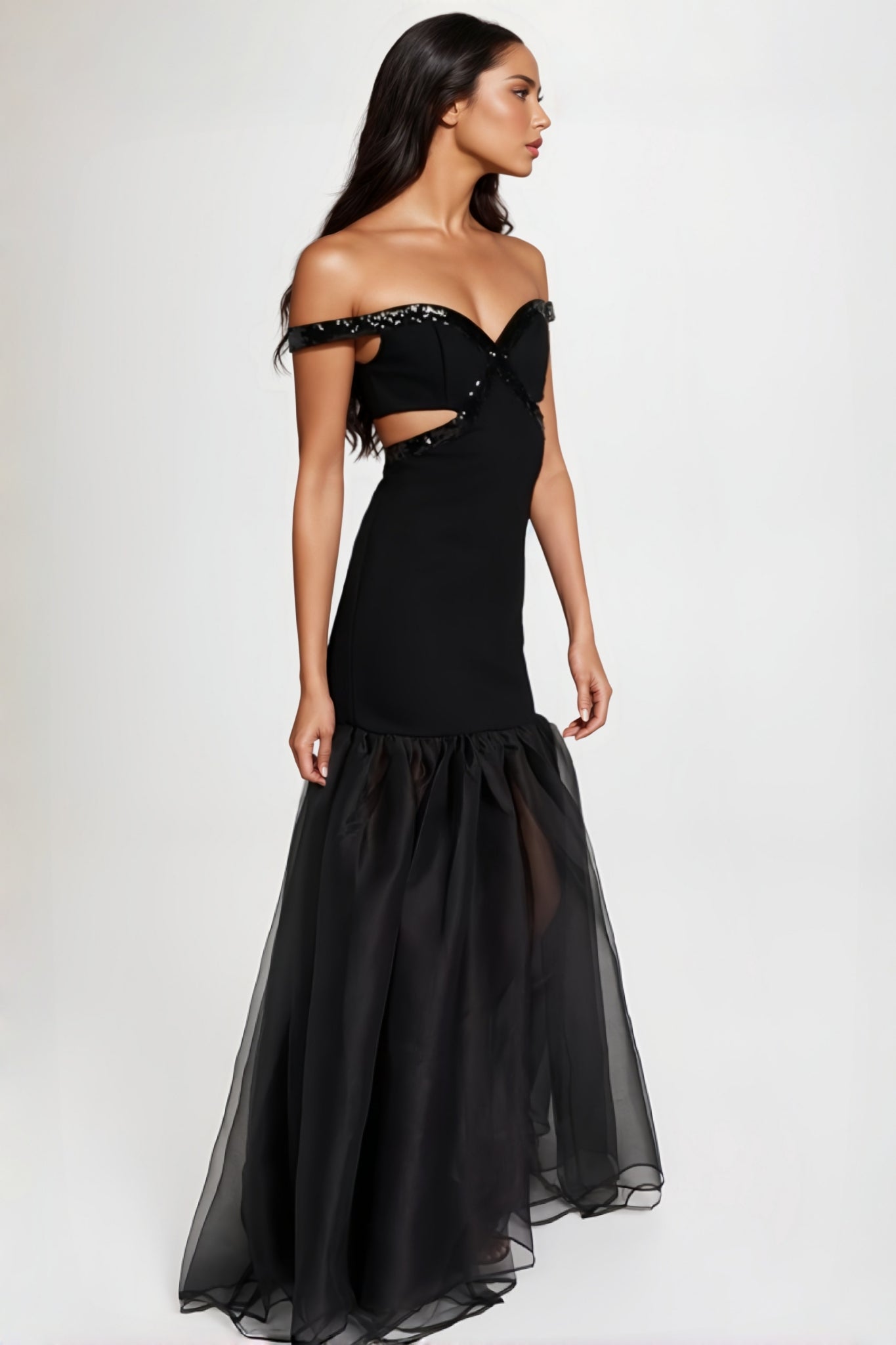 Sequin Trim Off Shoulder Sweetheart Cut Out Mermaid Tulle Maxi Gown