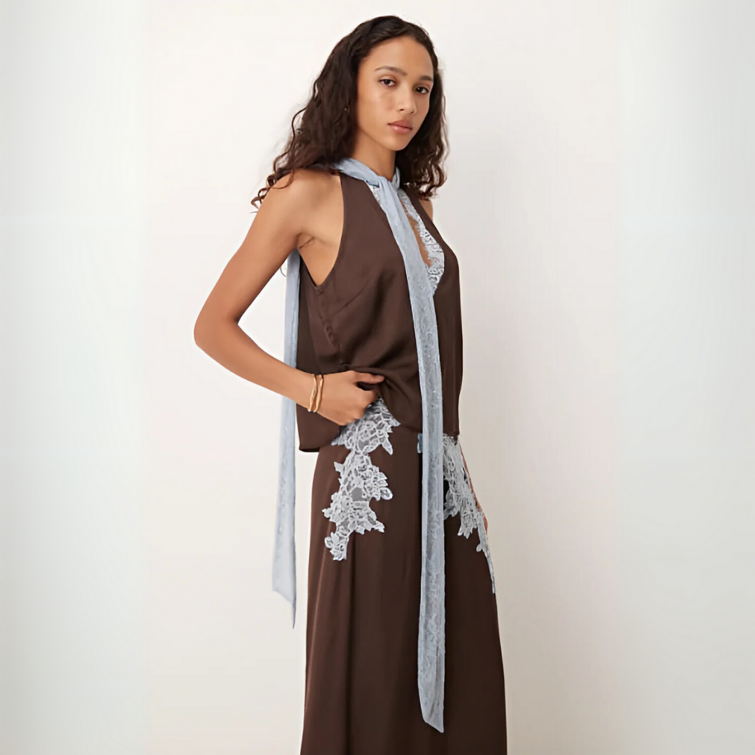 Halter Neck Lace Trim Tie Detail Satin Maxi Dress