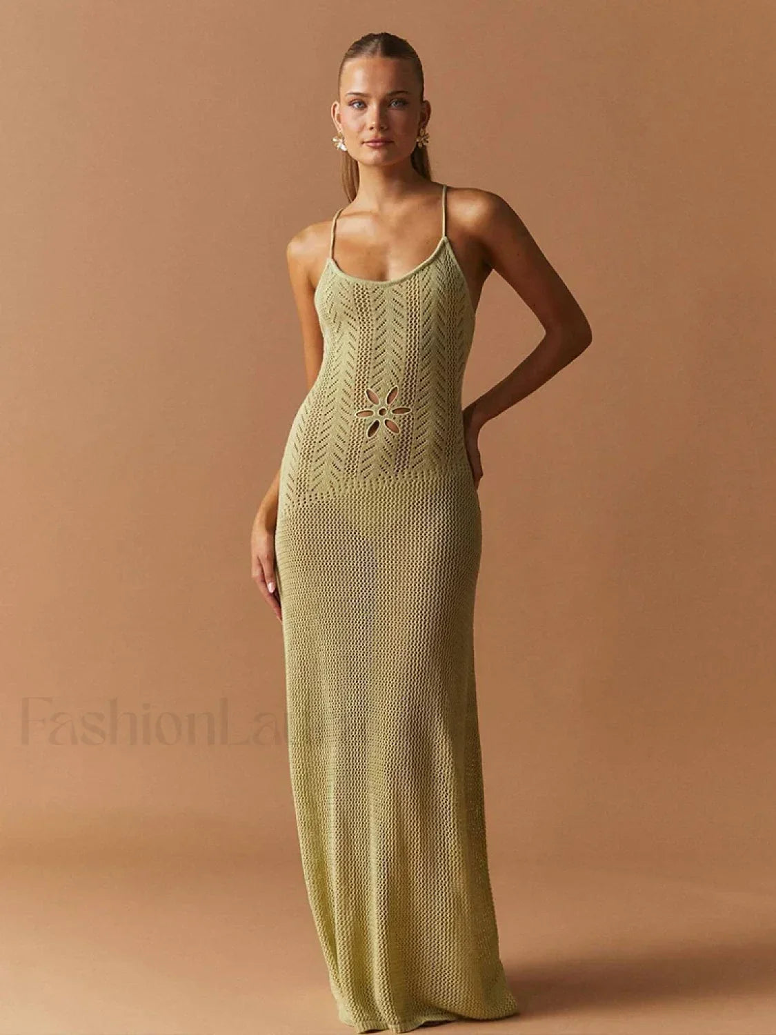 Strap Knitted Floral Cut Out Backless Slim Cover Up