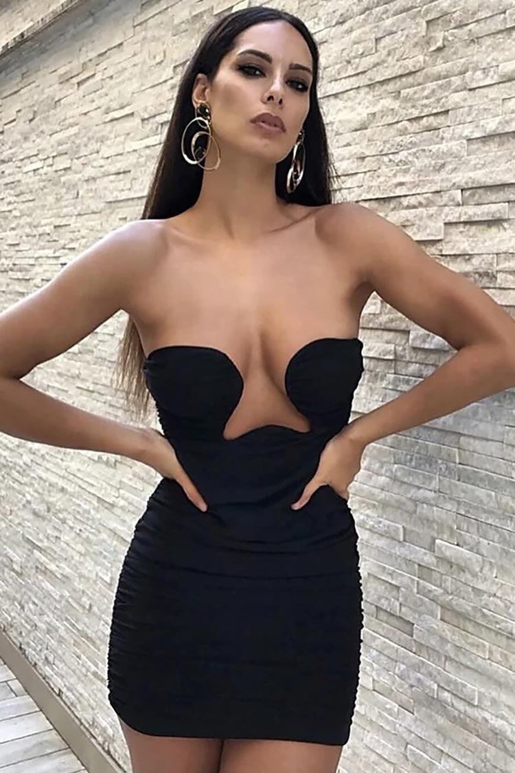 Strapless Deep V-Neck Underwire Ruched Bodycon Party Mini Dress