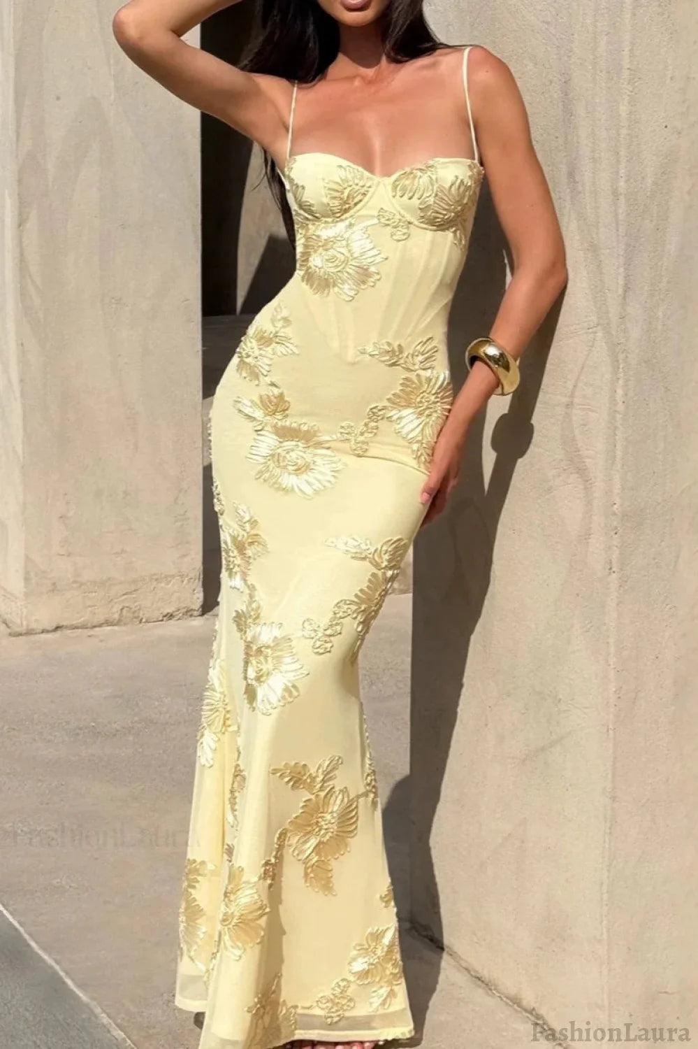 Strapless Floral Embroidered Maxi Dress