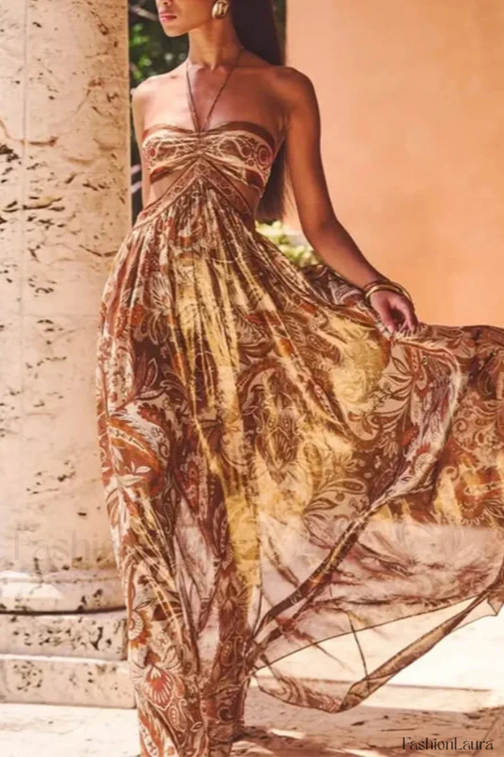 Strapless Lace Up Pleated Boho Dress