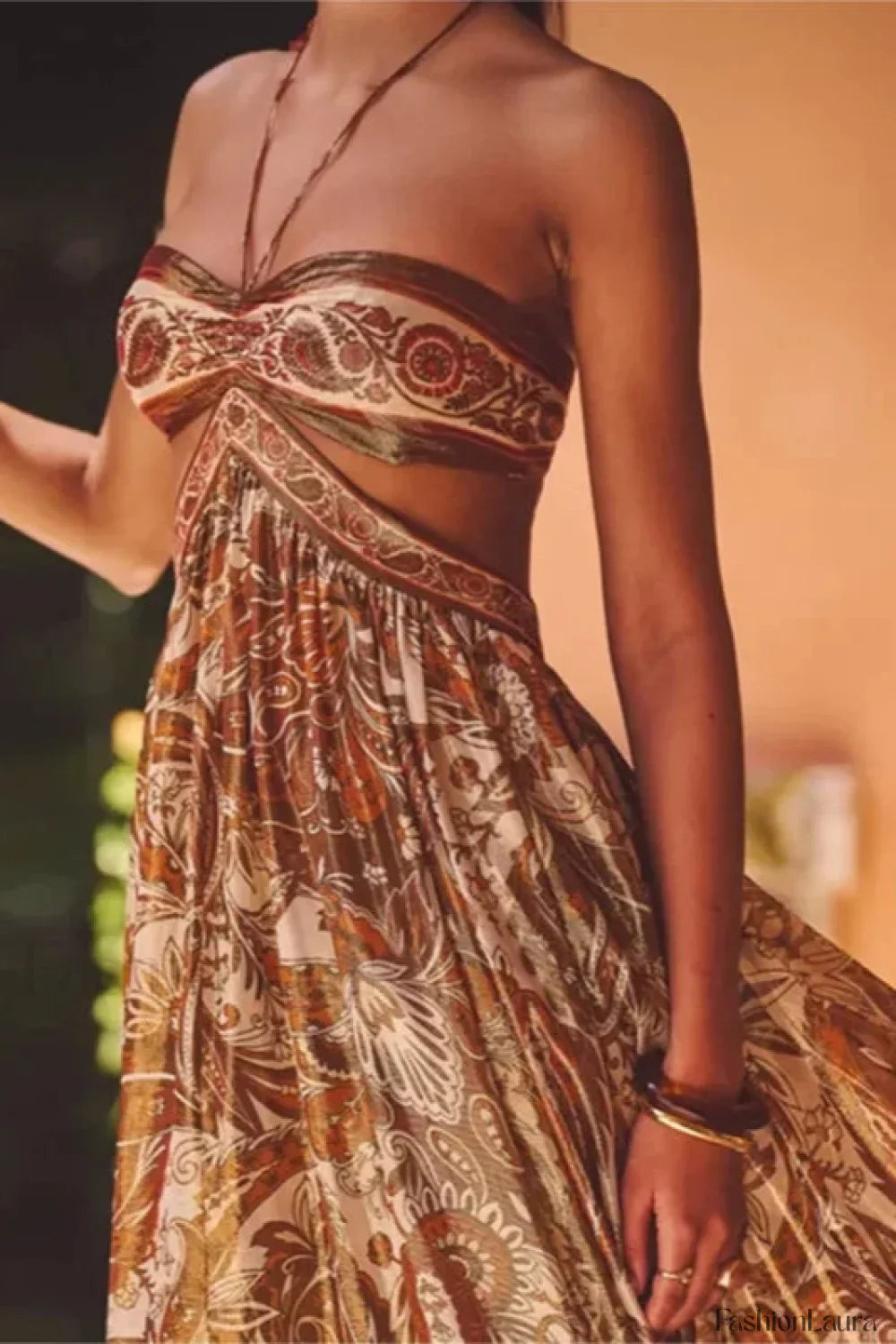 Strapless Lace Up Pleated Boho Dress