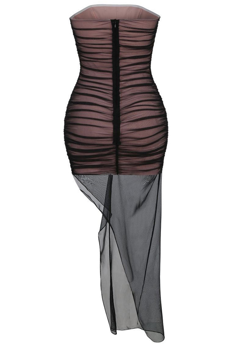 Mesh Strapless Ruched Corset High Split Bodycon Maxi Dress
