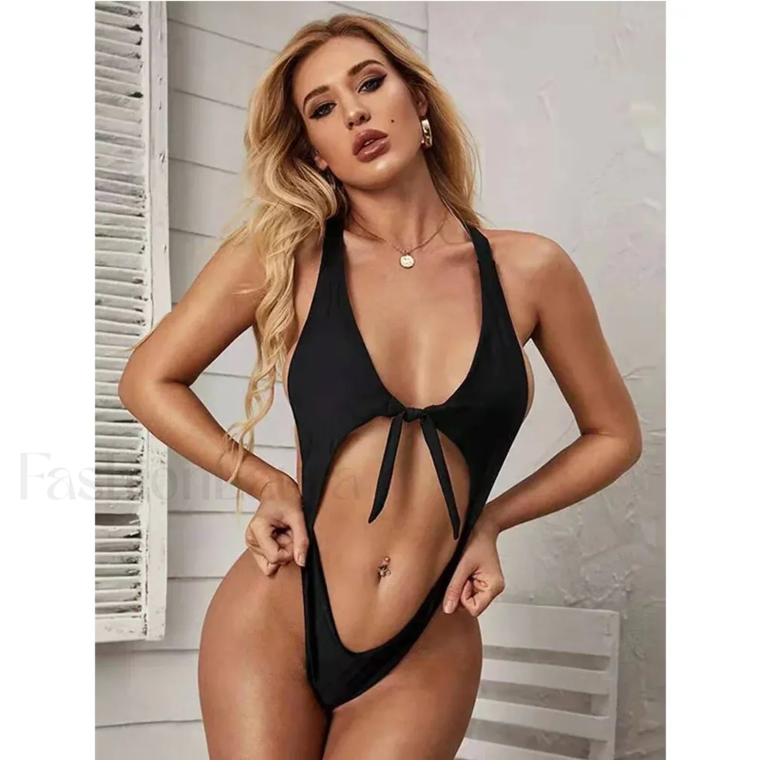 Strapped Tied Cross Hollow One Piece Black / S