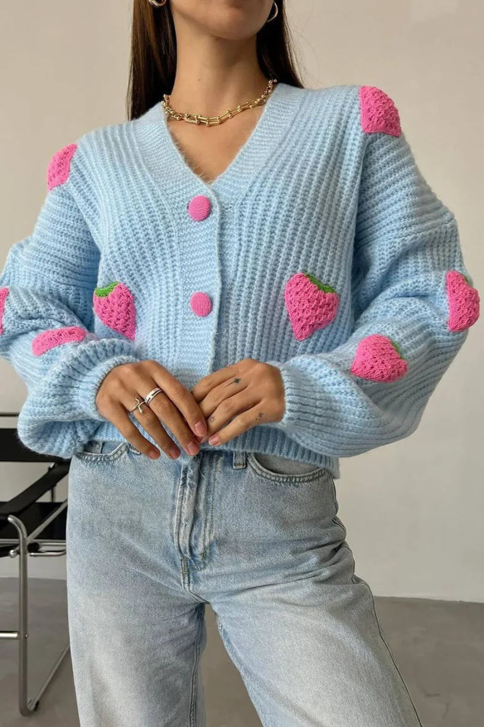 Strawberry Appliqué Chunky Knit Sweater