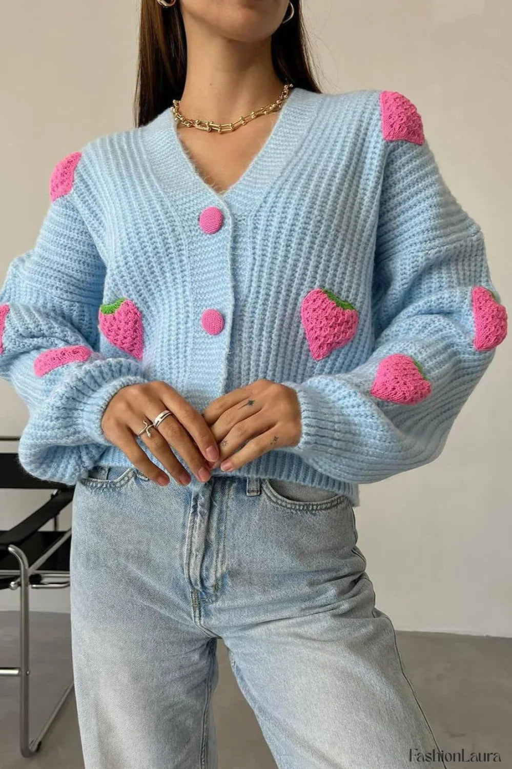 Strawberry Appliqué Chunky Knit Sweater