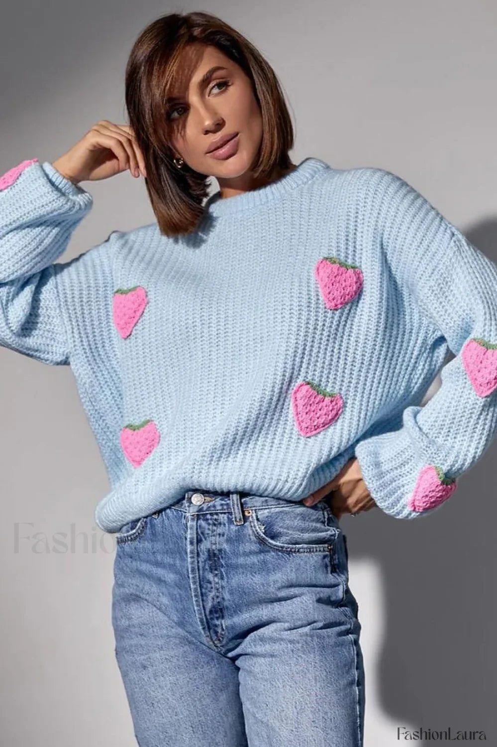 Strawberry Appliqué Chunky Knit Sweater