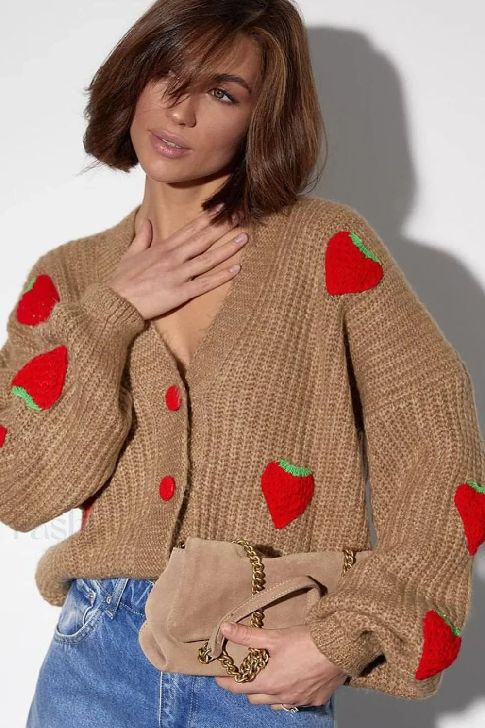 Strawberry Appliqué Chunky Knit Sweater