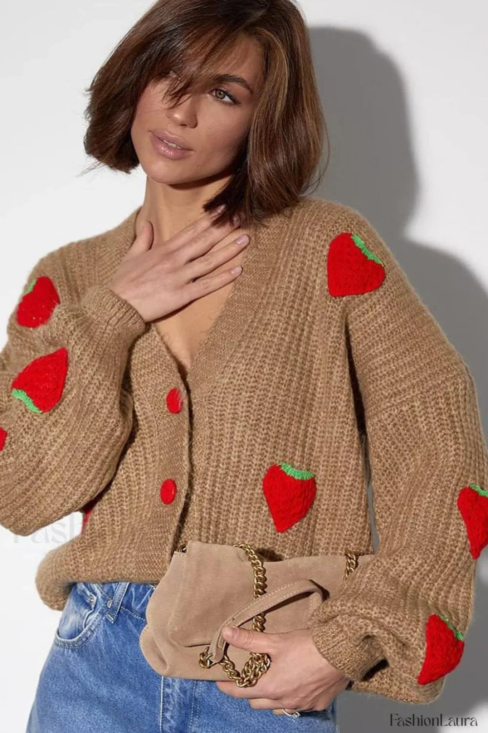 Strawberry Appliqué Chunky Knit Sweater