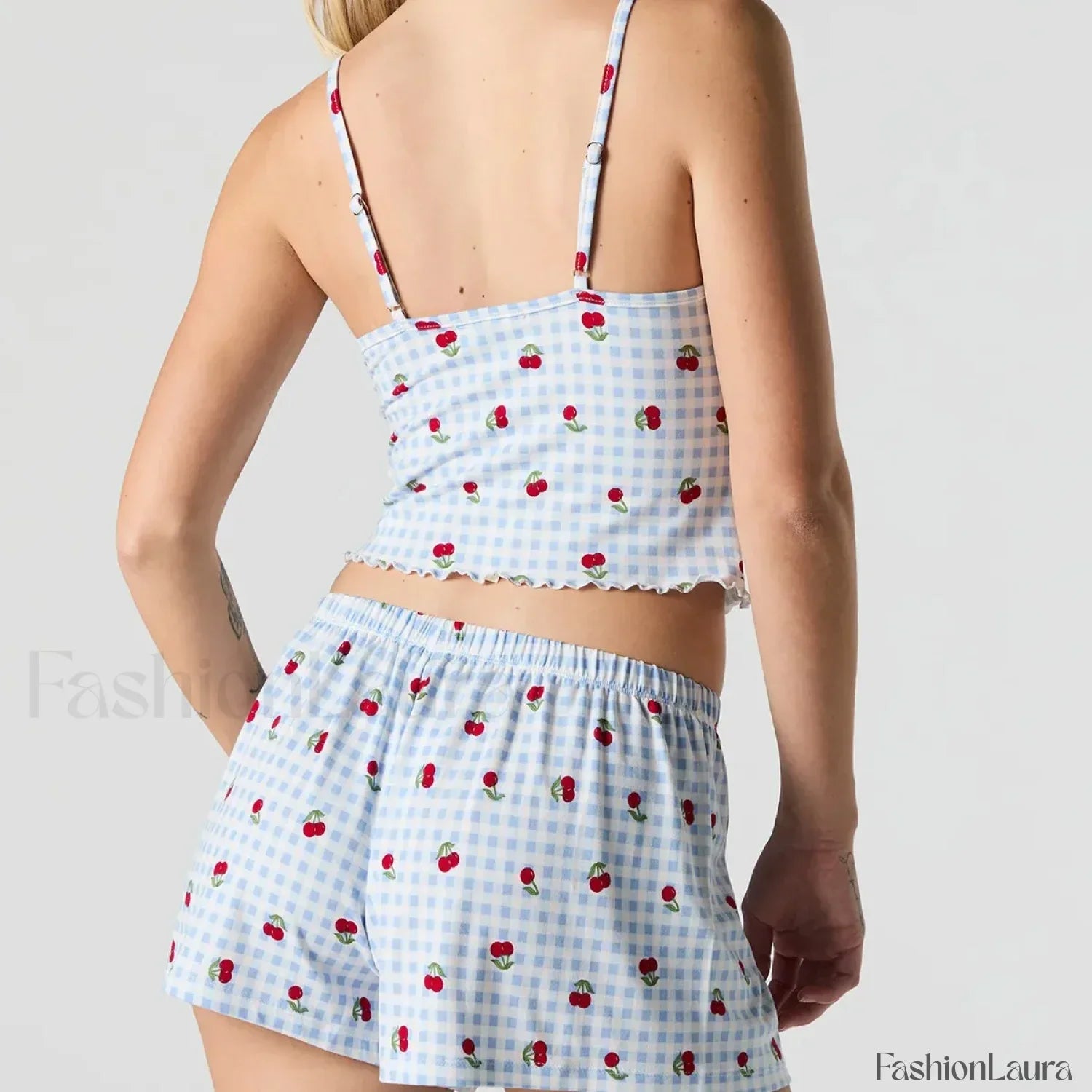 Strawberry Soft Fabric Lace Trim Cami Shorts Two Piece Set