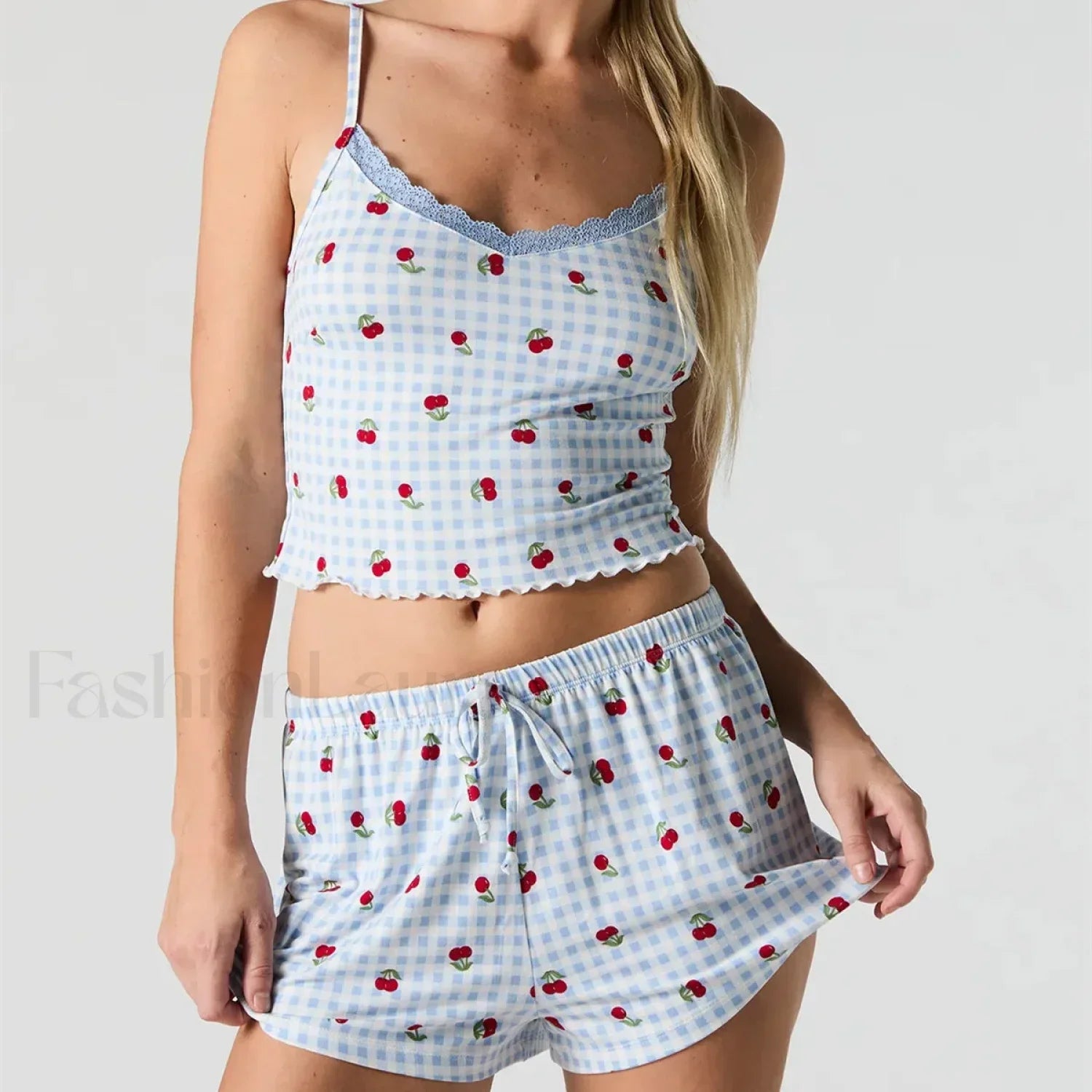 Strawberry Soft Fabric Lace Trim Cami Shorts Two Piece Set