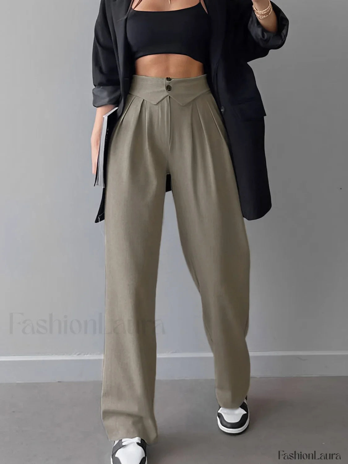 Street Fold Over Waistband Straight Leg Dress Pants