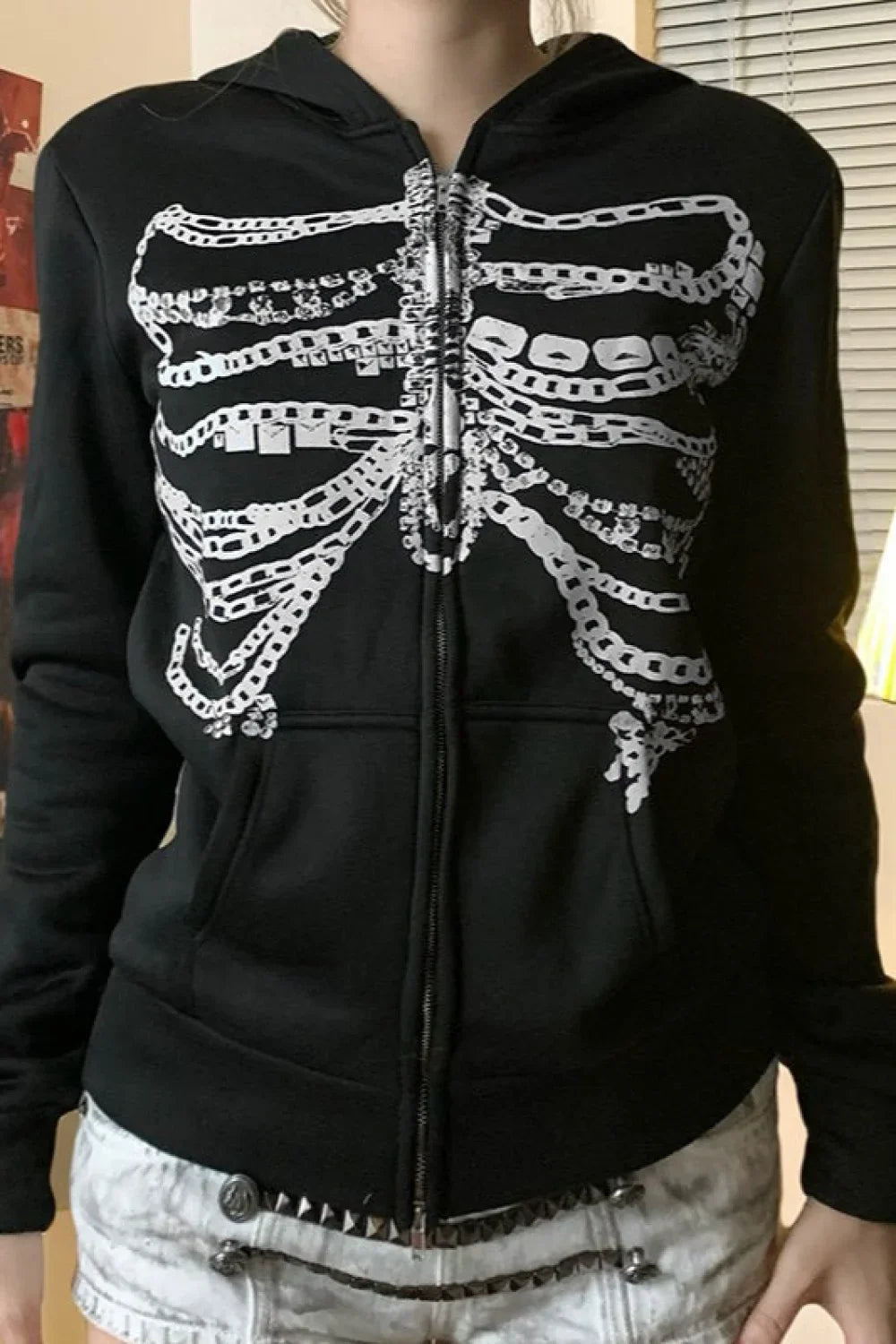 Street Style Chain Skeleton Hoodie Black / S