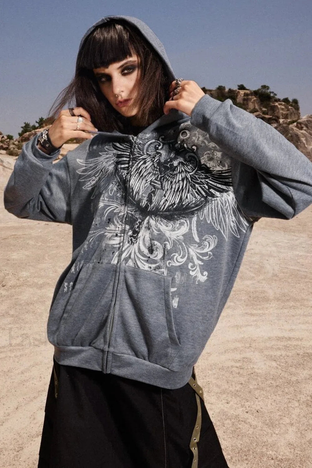 Street Style Eagle Graphic Hoodie Grey / S