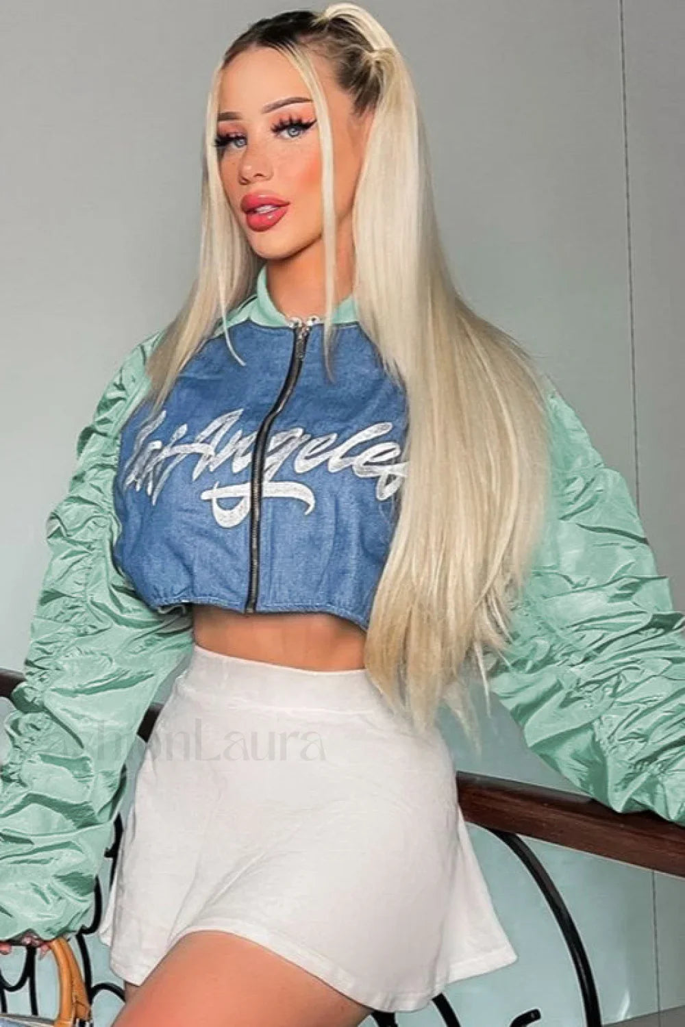 Street Style Letter Print Jacket Green / S