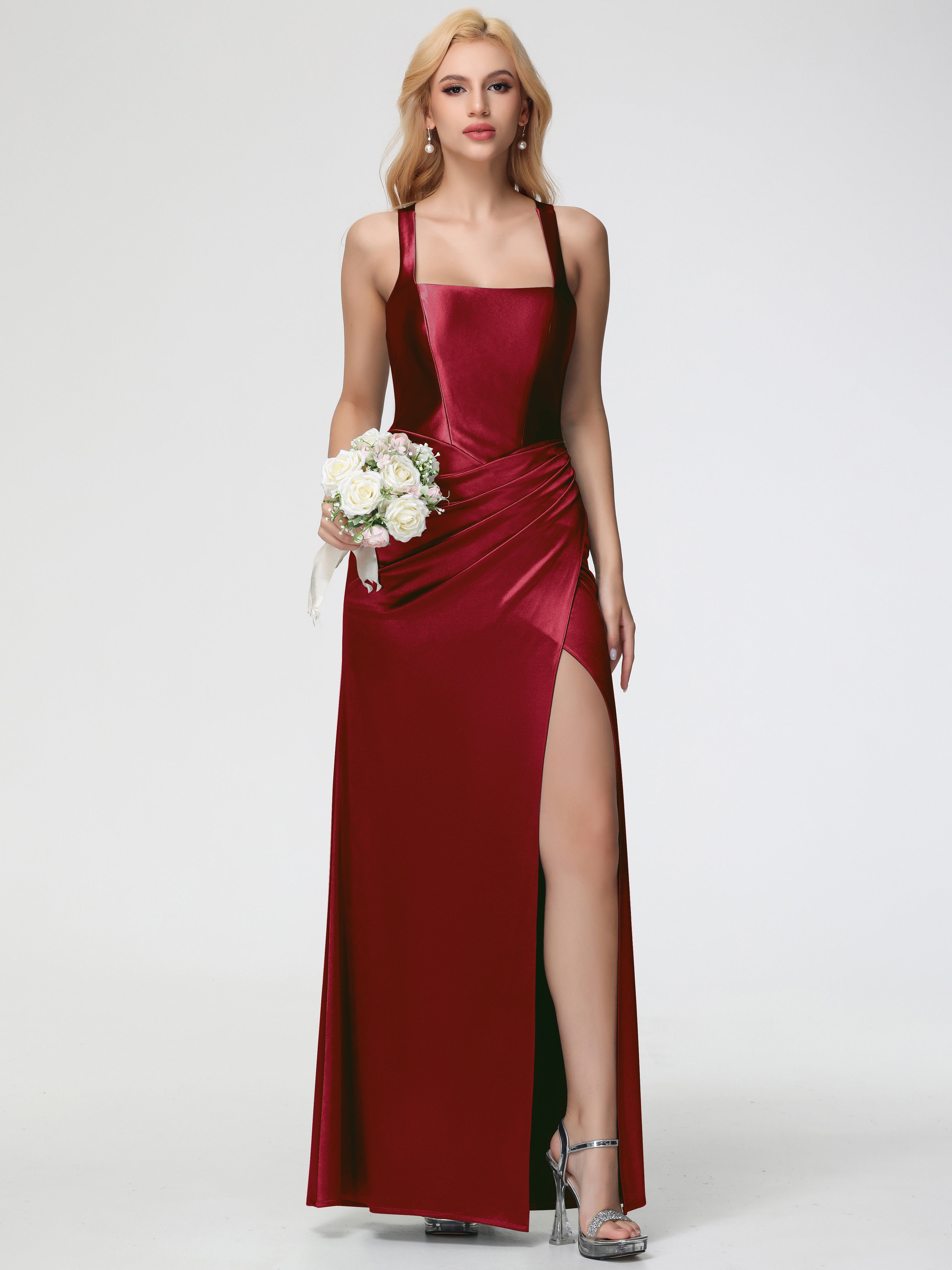 Burgundy Formal Dresses Straps Ruched Floor Length Sheath Formal Dress With Slit