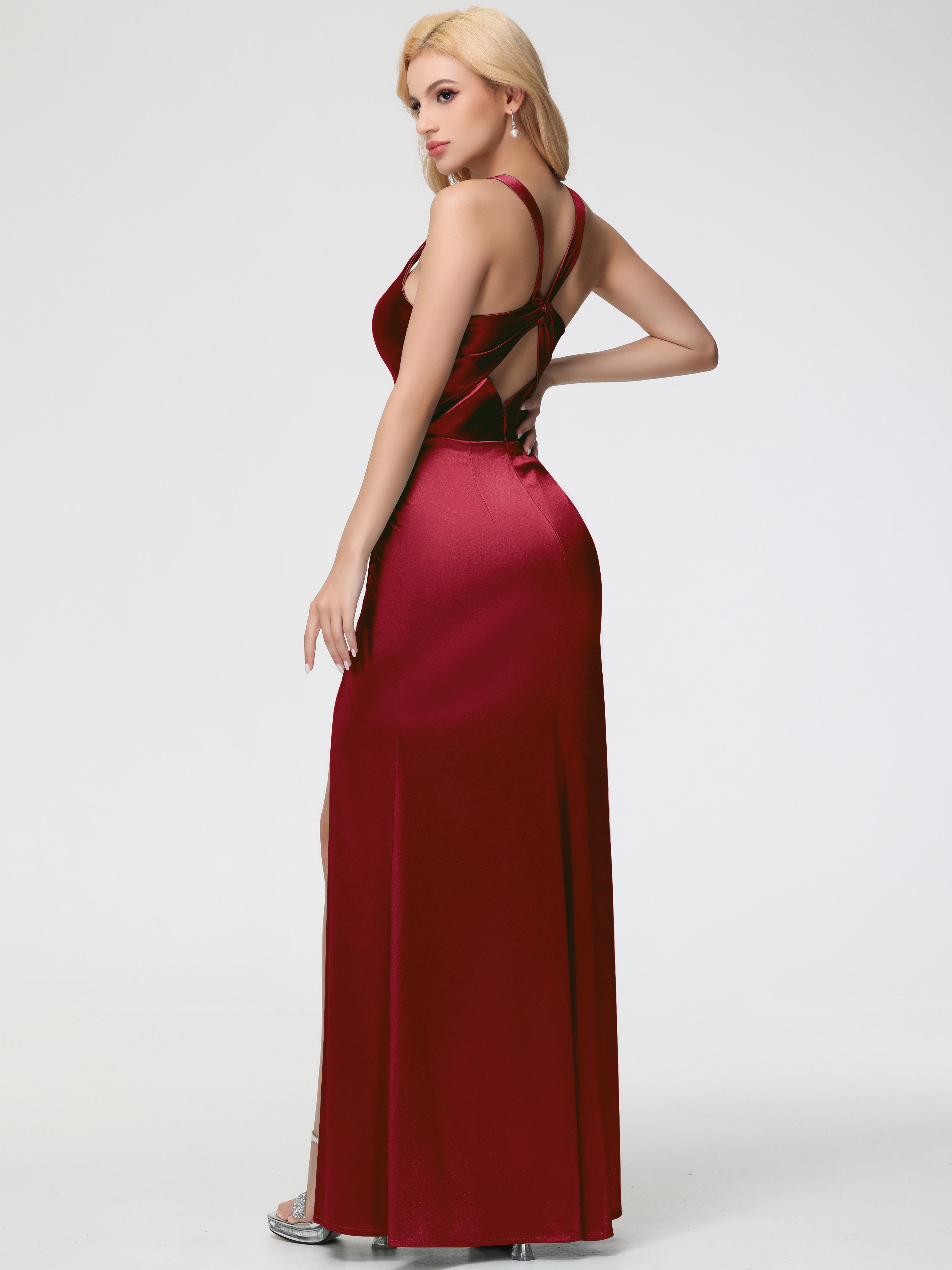 Burgundy Formal Dresses Straps Ruched Floor Length Sheath Formal Dress With Slit