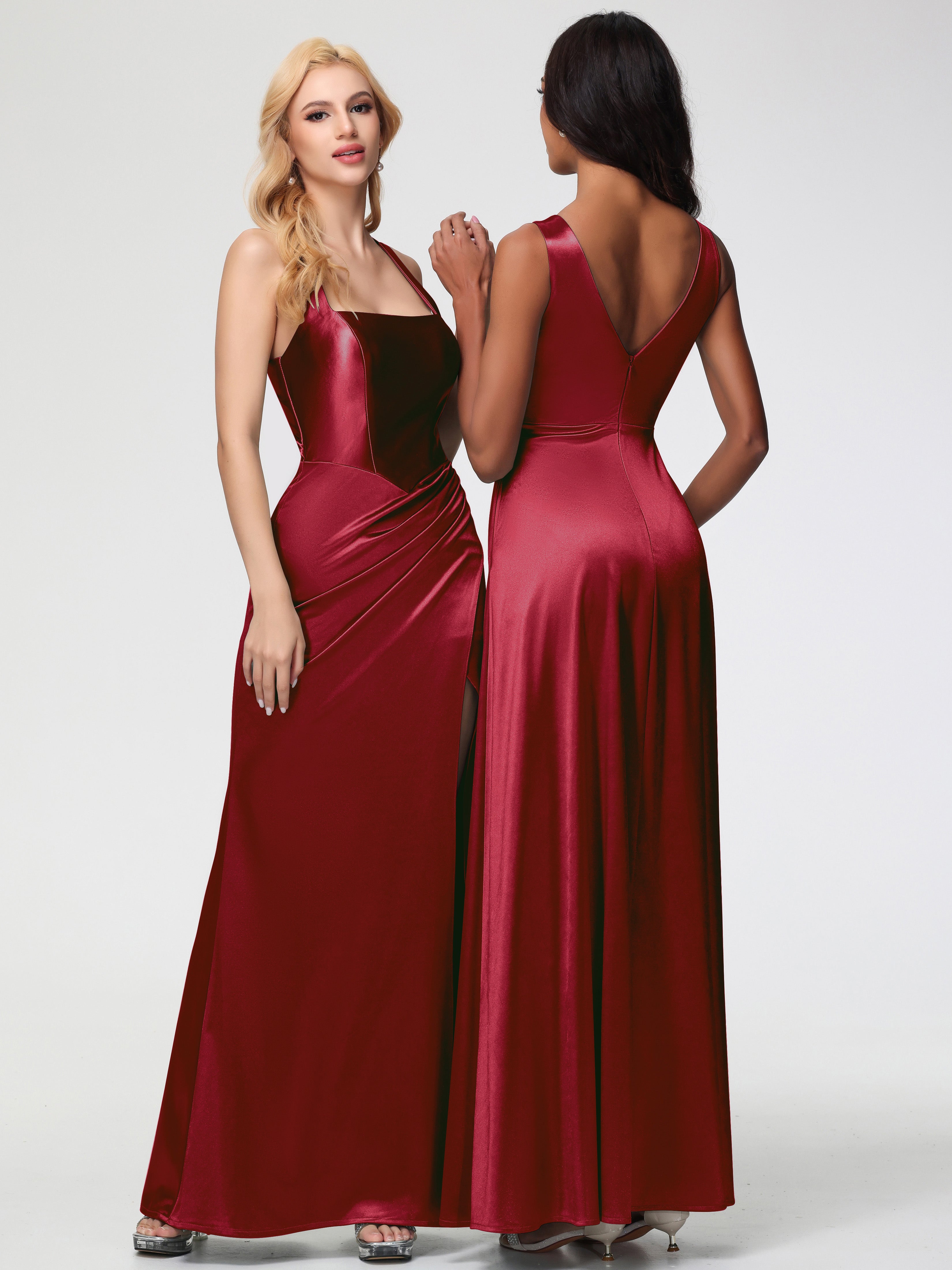 Burgundy Formal Dresses Straps Ruched Floor Length Sheath Formal Dress With Slit